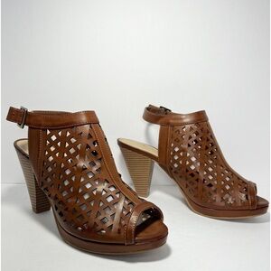 CL By Laundry Tan Leather Perforated  Open Toe Booties Womens size 9.5 NWOT